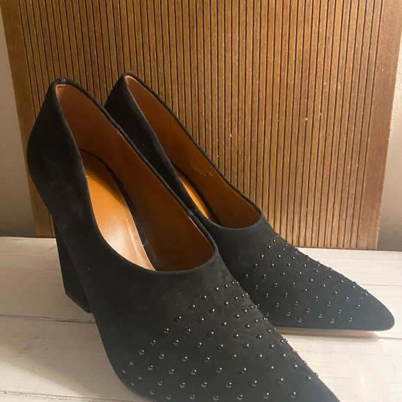 Halston Elegant Black Suede Studded Women's Heels - Picture 2 of 5